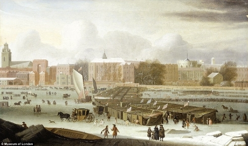 1684 oil on canvas painting called A Frost Fair on the Thames at Temple Stairs